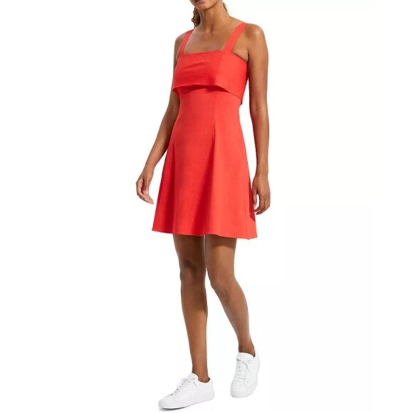 Theory Linen-Blend Draped-Back Sleeveless Mini-Dress, Poppy - Picture 1 of 4